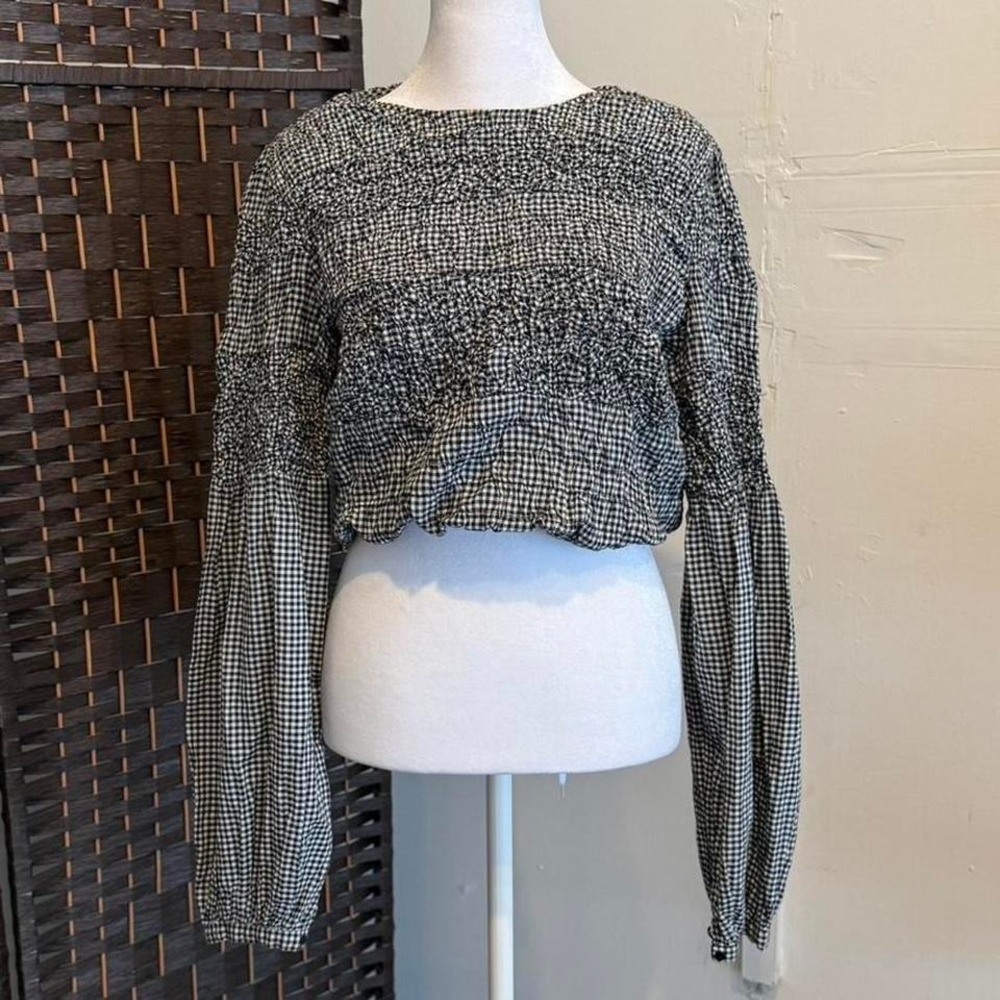 ZARA Black and White Gingham Cropped Top with Balloon Sleeves Size Medium